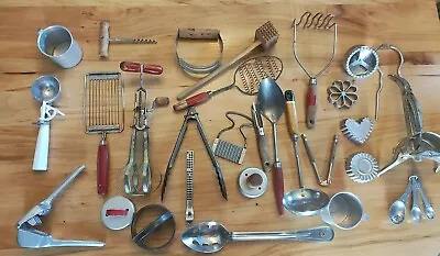 Lot Of 30 Vintage Utensils Farmhouse Kitchen Red Wood Handles 1940s-50s Ecko  • $42.95