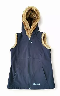 Marmot Furlong Black Faux Fur Lined Hooded Fleece Lined Vest Jacket Womens S/P • $19.99