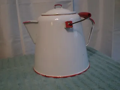 Vintage Enamel Ware Coffee Pot Kettle /Decor Cowboy Camp Fire White Red Trim • $29