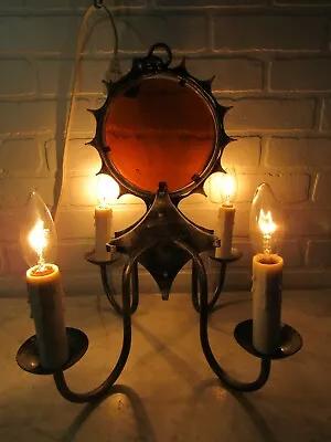 Vintage BRUTALIST Iron Chandelier Medieval Gothic SUN MOON W/2 Sconce Light • $495