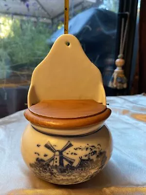 Vintage Porcelain Salt Box Cellar W Wood Lid Wall Mount Hanging Or Counter Top • $15.99