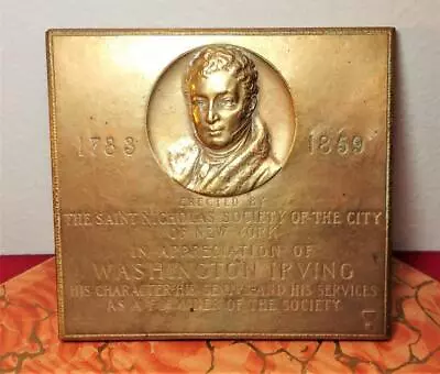 Antique 1912 WASHINGTON IRVING Brass/Bronze Plaquette By Victor D Brenner Plaque • $199