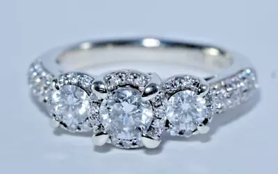 ZEI 14K White Gold 3-Stone 1ctw Natural Diamond HALO Ring Size 4 $2499 ZALES • $799.99