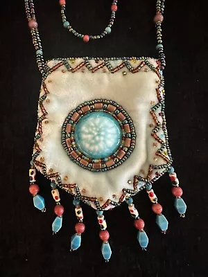 Beaded Velvet Pouch Pendant Necklace Medicine Bag ~ Handcrafted Lt Blue • $24.99