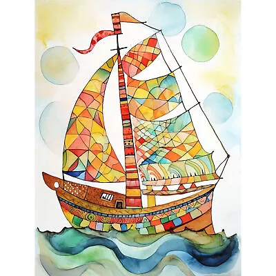 Sailing Ship At Sunrise Modern Folk Art Canvas Poster Print Picture Wall Art • £13.99