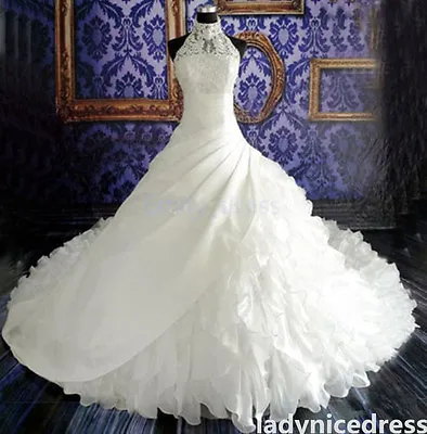 White/Ivory Halterneck Mermaid Wedding Dress Lace Organza Ruffles Bridal Gown • $169.09