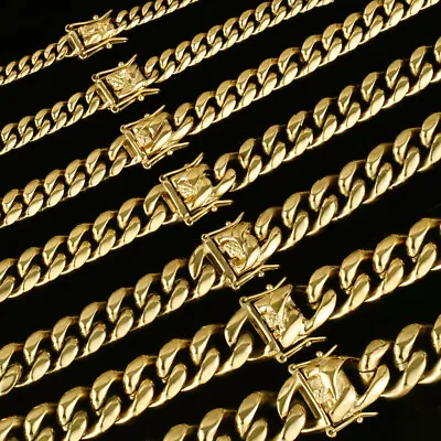 $62.97 • Buy Mens Miami Cuban Link Chain Or Bracelet Solid 14k Gold Plated Stainless Steel 