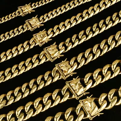 $62.97 • Buy Mens Miami Cuban Link Chain Or Bracelet Solid 14k Gold Plated Stainless Steel 