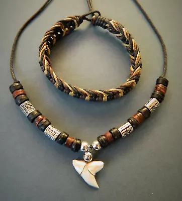 SHARK TOOTH NECKLACE BRACELET SET MENS BOYS 1cm Real Sharks Teeth Brown White • £9.99