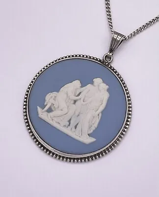 £29.99 • Buy Vintage Sterling Silver Wedgwood Blue Jasperware Cameo Pendant Necklace