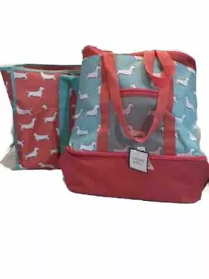 Pink & Green Dachshund Dog Travel Beach Swim Tote Bag W/ Matching Soft Cooler • $60