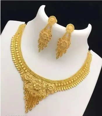 22K Gold Plated Jhumka Earrings Indian Bollywood Choker Necklace Bridal Jewelry • $18.75