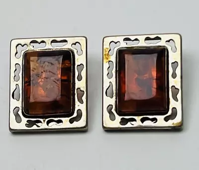 Vintage Sterling Silver 925 Baltic Honey Amber Clip On Earrings Openwork Design • $23.95