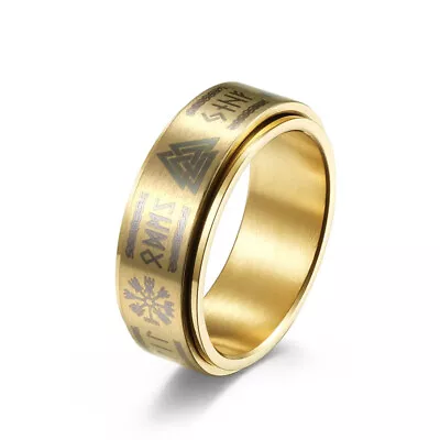 Rotatable Viking Amulet Stainless Steel Rings For Men Gold Hiphop Jewelry Size 9 • $0.01