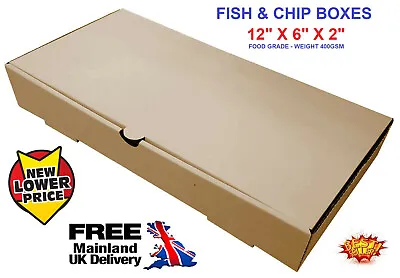 12  X 6  X 2  Plain Brown Fish And Chips Chippy Takeout Takeaway Die Cut Boxes • £39.95