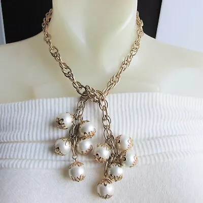 Vintage White Faux Pearls Dangling Lariat Chain Necklace Gold Plate Double Cable • $24.99