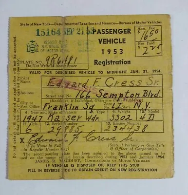 1953 NY Car Registration Stub Card Nassau Co Vtg DMV 1947 Kaiser Sedan Vintage • $17.98