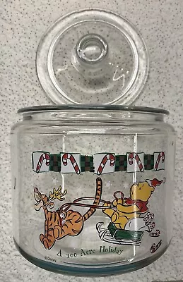 Disney Winnie The Pooh & Tigger Glass Cookie Jar Canister 100 Acre Holiday W Lid • $19.25