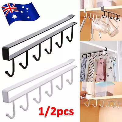 6 Hooks Cup Mug Rack Under Shelf Kitchen Cabinet Metal Hanger Wardrobe Holder AU • $7.49