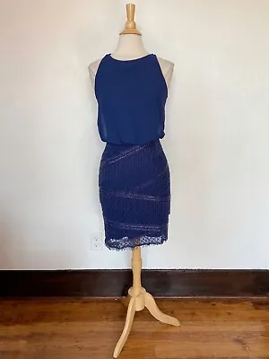 Aidan Mattox Navy Blue Blouson Beaded Fringe Halter Cocktail Dress Size 6 • $15