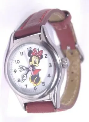 Women Disney Minnie Mouse Watch By Mzb Mck371 Red Faux Leather Band Silver Case • $25.49