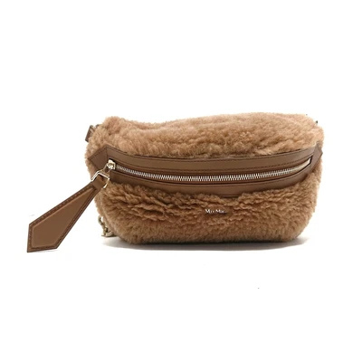 £211.64 • Buy Auth Max Mara Teddy Bear Waist Bag - Brown Gold Camel Wool Silk Leather Bum Bag