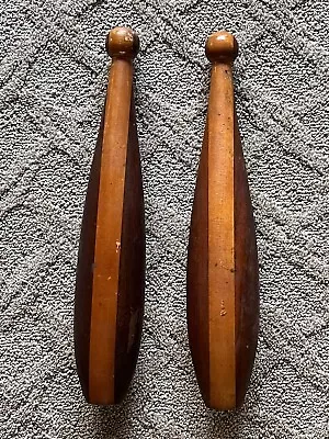 2 Antique Old Wood 15” Exercise Gym Weight Clubs Vintage Strongman Juggling Pin • $289.25