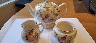 Sadler Crinoline Lady Pinkie Teapot Set Sugar Basin Milk Jug Gilded • £20