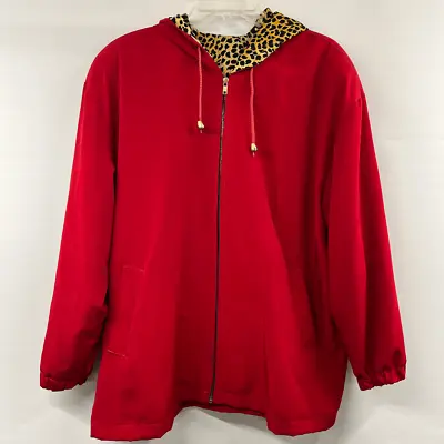 Vintage Red Full-Zip Mid-Length Coat/Jacket Cheetah Print Lining Hood - Size XL • $21.60