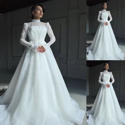Muslim Chiffon Wedding Dresses High Neck Lace Appliques Sweep Train Bridal Gowns • $116.99