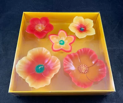 Crate & Barrel Flower Floating Candles Box Set Of 5 Yellow Tropical Yellow Red • $23.95