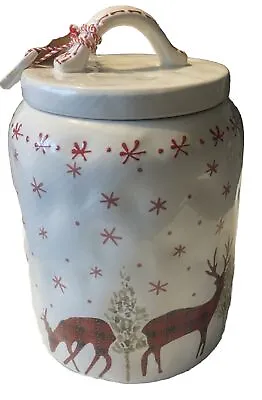 Deer Snowflake Christmas Ceramic Cookie Jar/canister Ten Strawberry Street • $15.95