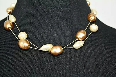 DABBY REID 2 Strand Necklace ~ Gold Tone Chains / Cream & Beige Faux Pearl Beads • $9.95