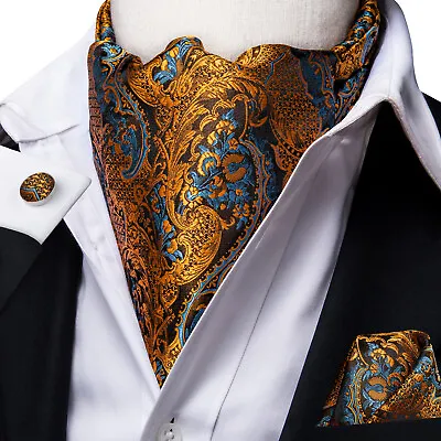 USA Men's Ascot Cravat Tie Silk Gold Paisley Hanky Cufflinks Set Wedding Event • $13.99