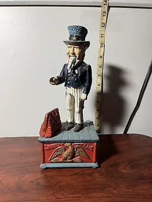 Vintage Uncle Sam Metal Mechanical Coin Piggy Bank Cast Iron. Works! • $22.50