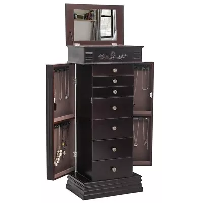 Jewelry Armoire With Mirror 8 Drawers & 16 Necklace Hooks 2 Side Swing Doors(B • $191.69