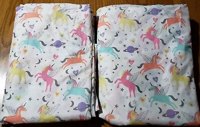 Pair Of 2 Twin Flat Sheets Winged  Unicorns & Moon Saturn Stars • $17.88