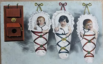 Fantasy Swaddled Babies On Phone In Papoose Edwardian B.K.W.I Postcard 1906 • £1.50