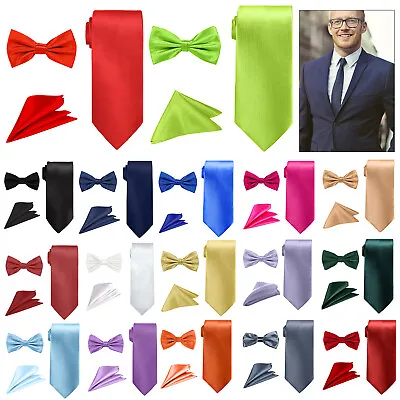 Mens Adjustable Wedding Pre-Tied Bow Tie Pocket Square Handkerchief Set Formal • £3.79