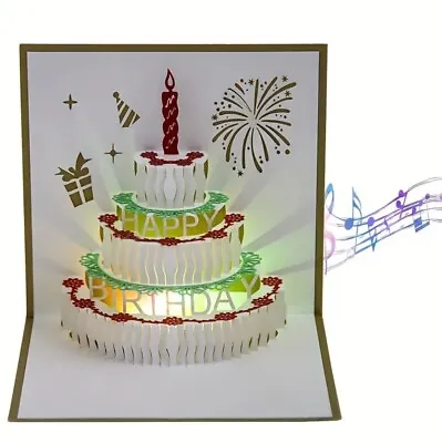 Happy Birthday 3D Musical Light Up Greeting Card With Pop Up Birthday Cake • £8.20
