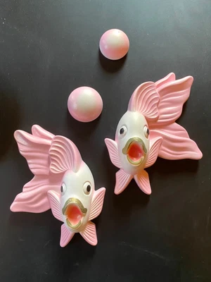 $85 • Buy Vintage 1970 MCM Miller Studios Inc Pink Chalkware Fish Wall Plaques W/Bubbles