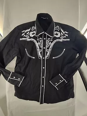 Daupanzees Men's Medium Long Sleeve Black White Embroidery Western Cowboy Shirt • $9.57