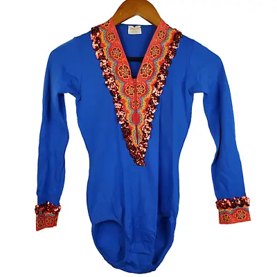 Vtg Danskin Blue Long Sleeve Floral Sequin Leotard Dance Bodysuit Costume Sz S • $28.99