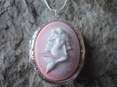 Mermaid On Pink Cameo Silver Plated Locket - Vacation Tropical Cruise Sea • $23.95