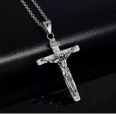 Men's Chain Necklace Silver Cross Pendant Rosary Jesus Love Son Boys Grandpa Dad • £6.89