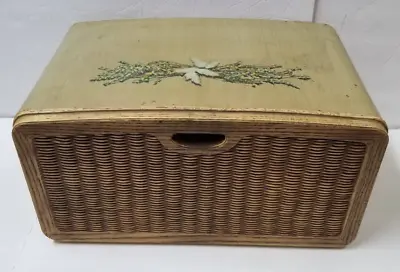 Metal Bread Box Vintage Woven Basket Door Vented Back 17  Farmhouse Kitchen • $29