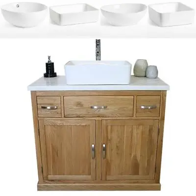 Bathroom Vanity Unit Oak Cabinet Wash Stand White Marble & Ceramic Basin 1161  • £664