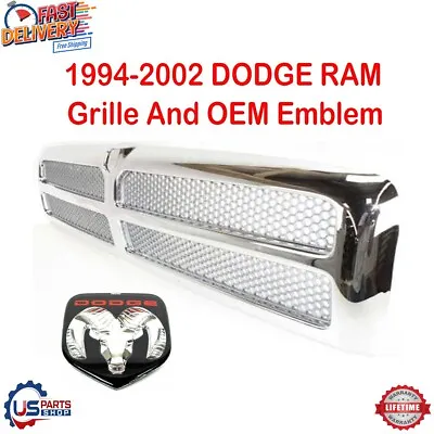 New Grill Grille Chrome And OEM Emblem Fits 1994-2002 Dodge Ram Pickup 2500 3500 • $199.99