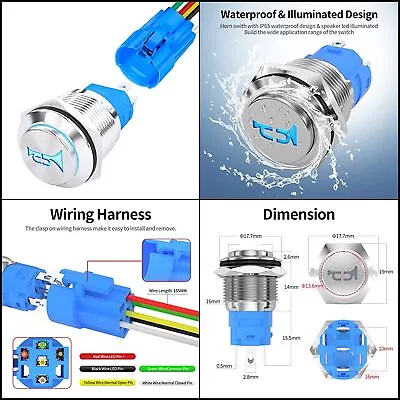 Horn Button 12V Marine Horn Button 16MM Momentary Push Button Switch Stainless S • $13.53