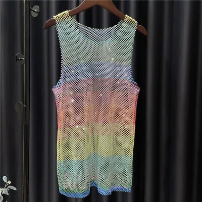 Women Shiny Rhinestone Mesh Dress Fishnet Party Club Sheer Cover Up Mini Dress • $32.97